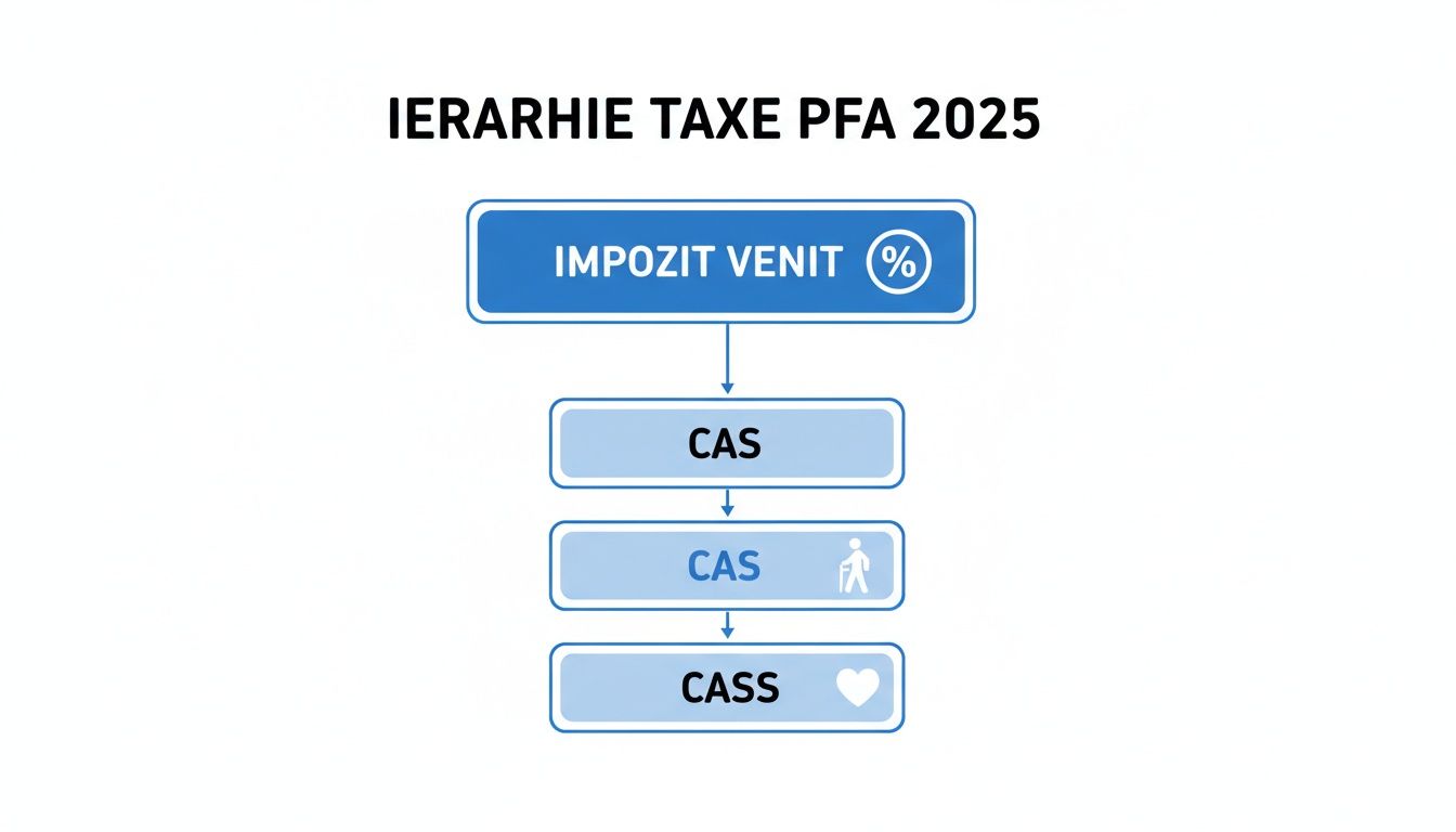 Diagrama ierarhiei taxelor PFA 2025, incluzând impozit pe venit, CAS și CASS.