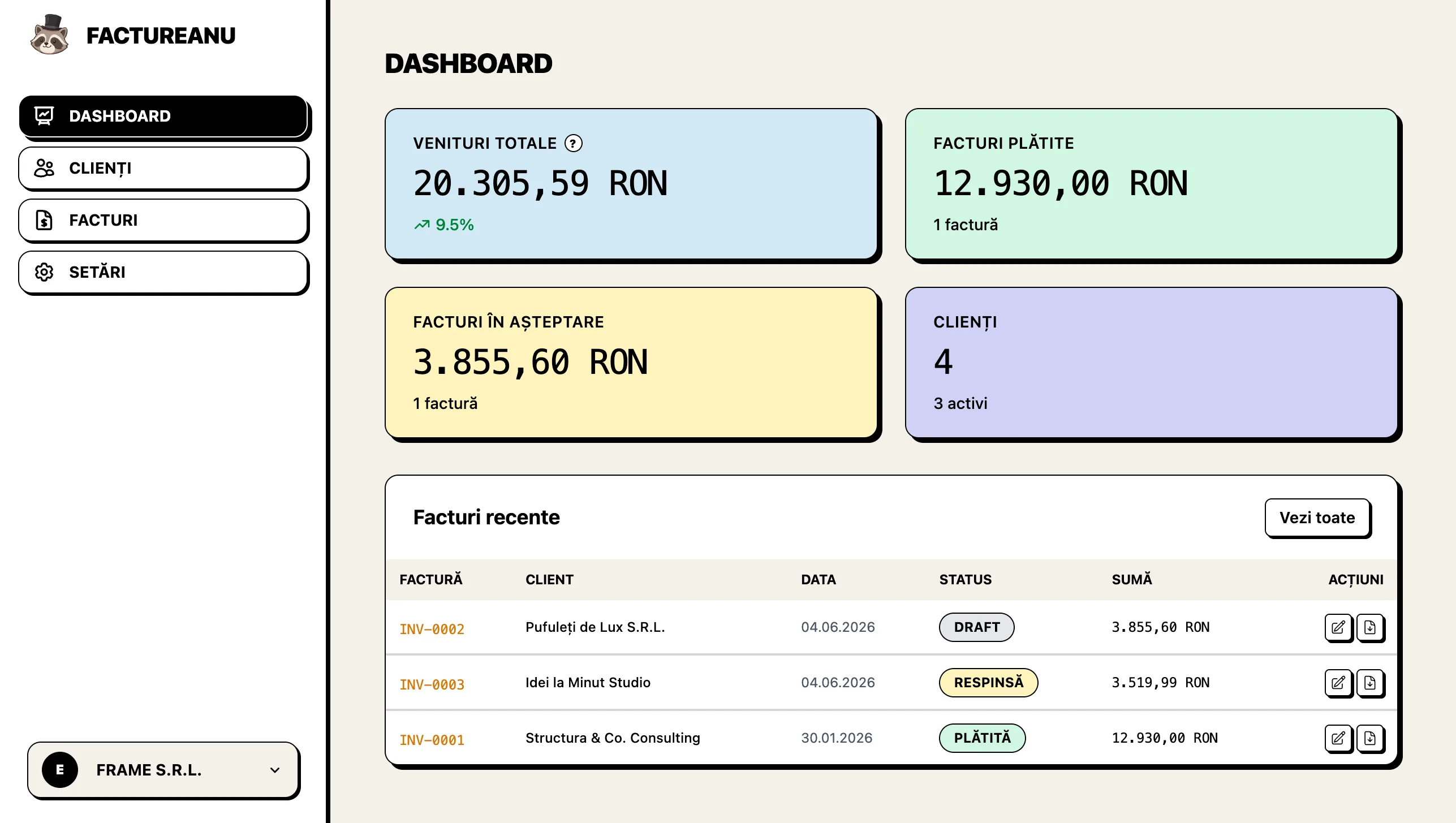 Factureanu Dashboard Preview